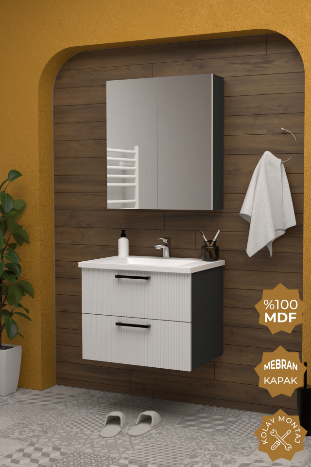 Teta Home Havana 65 cm MDF Gövde Membran Kapak Banyo Dolabı Seti Antrasit-Beyaz