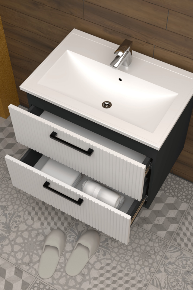 Teta Home Havana 65 cm MDF Gövde Membran Kapak Banyo Dolabı Seti Antrasit-Beyaz