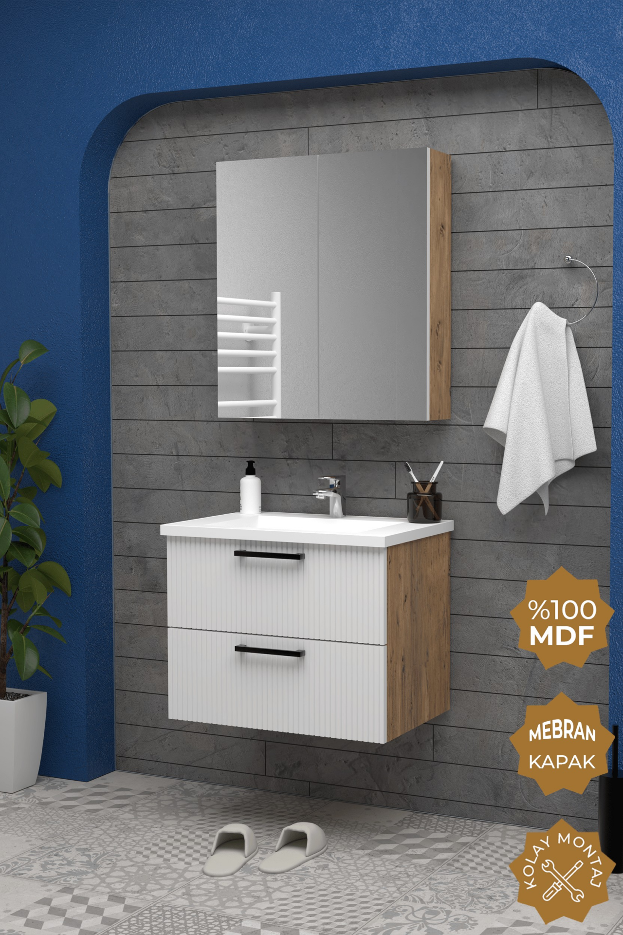Teta Home Havana 65 cm MDF Gövde Membran Kapak Banyo Dolabı Seti Atlantik Çam-Beyaz