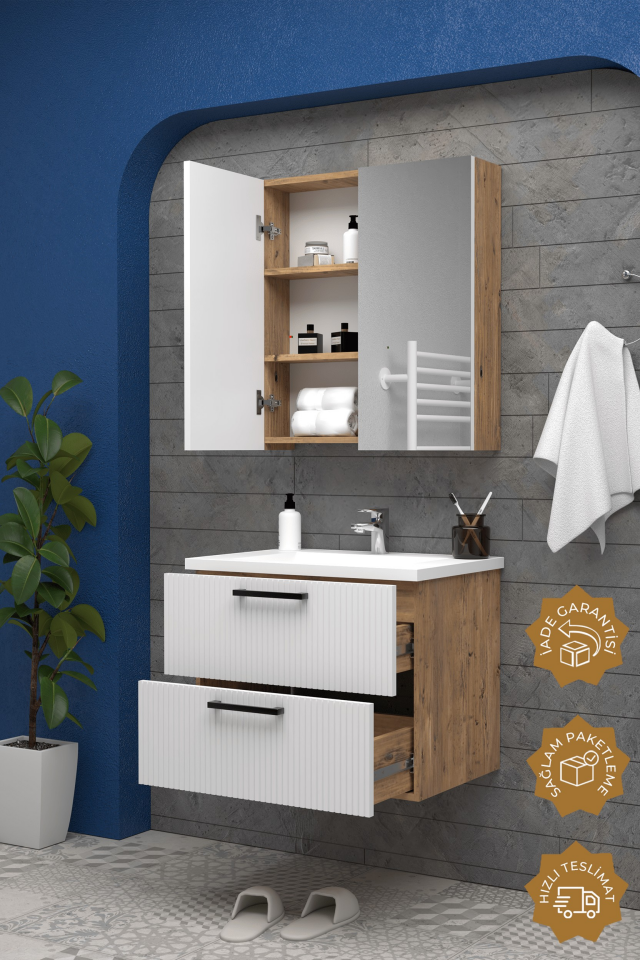 Teta Home Havana 65 cm MDF Gövde Membran Kapak Banyo Dolabı Seti Atlantik Çam-Beyaz