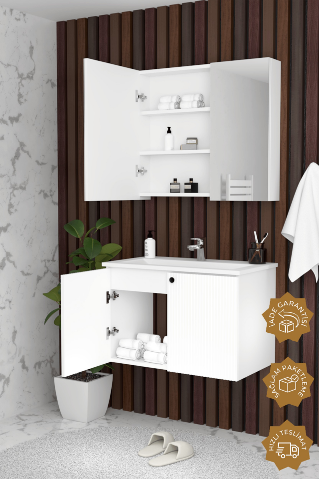 Teta Home Torino 65 cm MDF Gövde Membran Kapak Banyo Dolabı Seti Beyaz