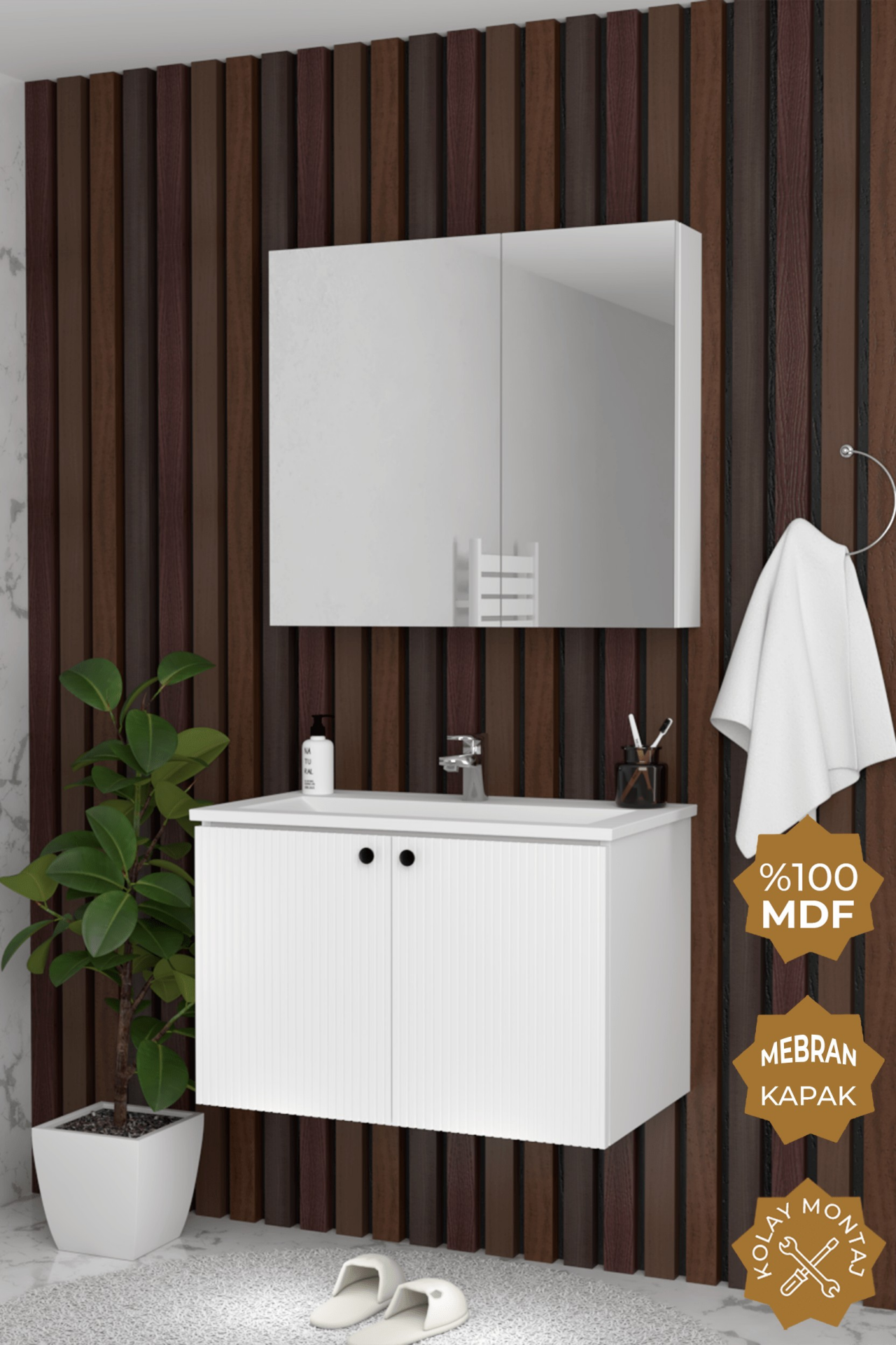 Teta Home Torino 65 cm MDF Gövde Membran Kapak Banyo Dolabı Seti Beyaz