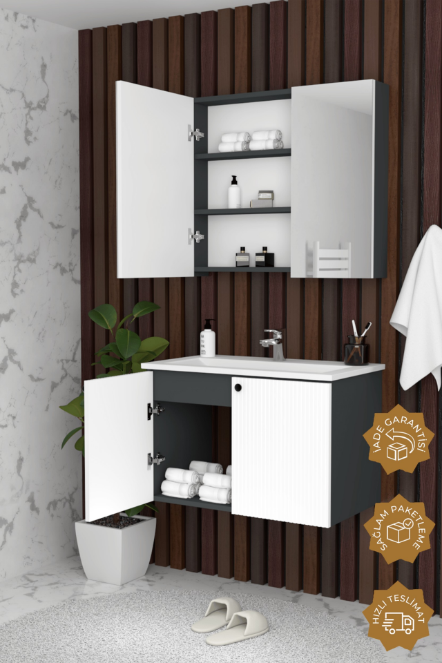 Teta Home Torino 65 cm MDF Gövde Membran Kapak Banyo Dolabı Seti Antrasit-Beyaz