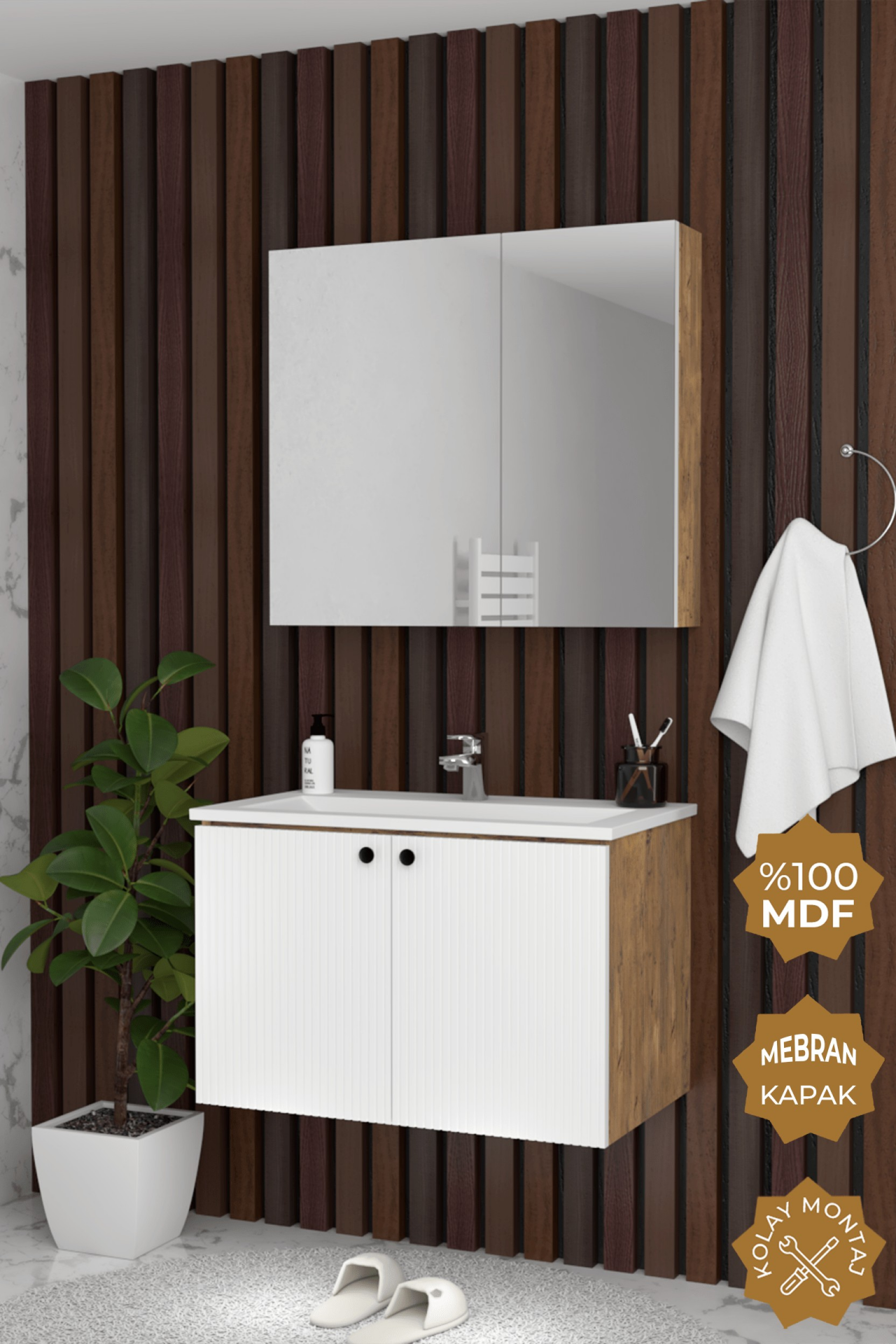 Teta Home Torino 65 cm MDF Gövde Membran Kapak Banyo Dolabı Seti Atlantik Çam- Beyaz