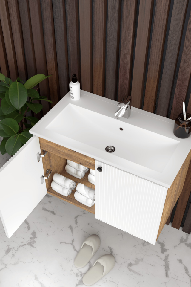 Teta Home Torino 65 cm MDF Gövde Membran Kapak Banyo Dolabı Seti Atlantik Çam- Beyaz