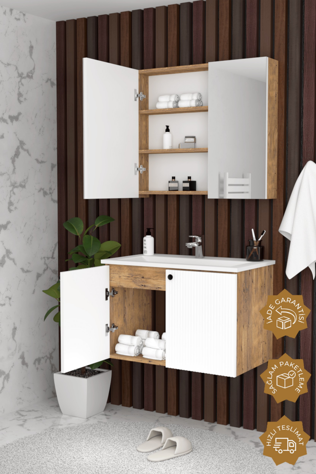 Teta Home Torino 65 cm MDF Gövde Membran Kapak Banyo Dolabı Seti Atlantik Çam- Beyaz