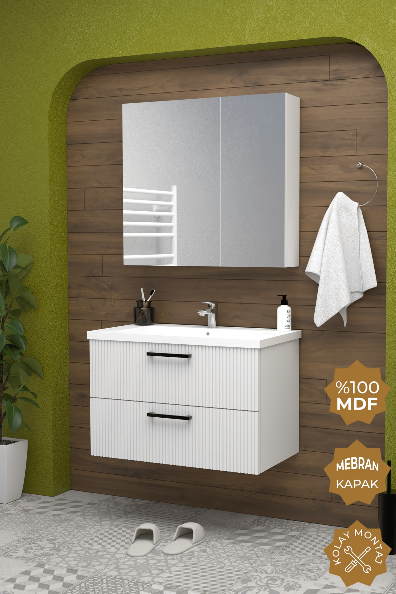 Teta Home Havana 80 cm MDF Gövde Membran Kapak Banyo Dolabı Seti Beyaz