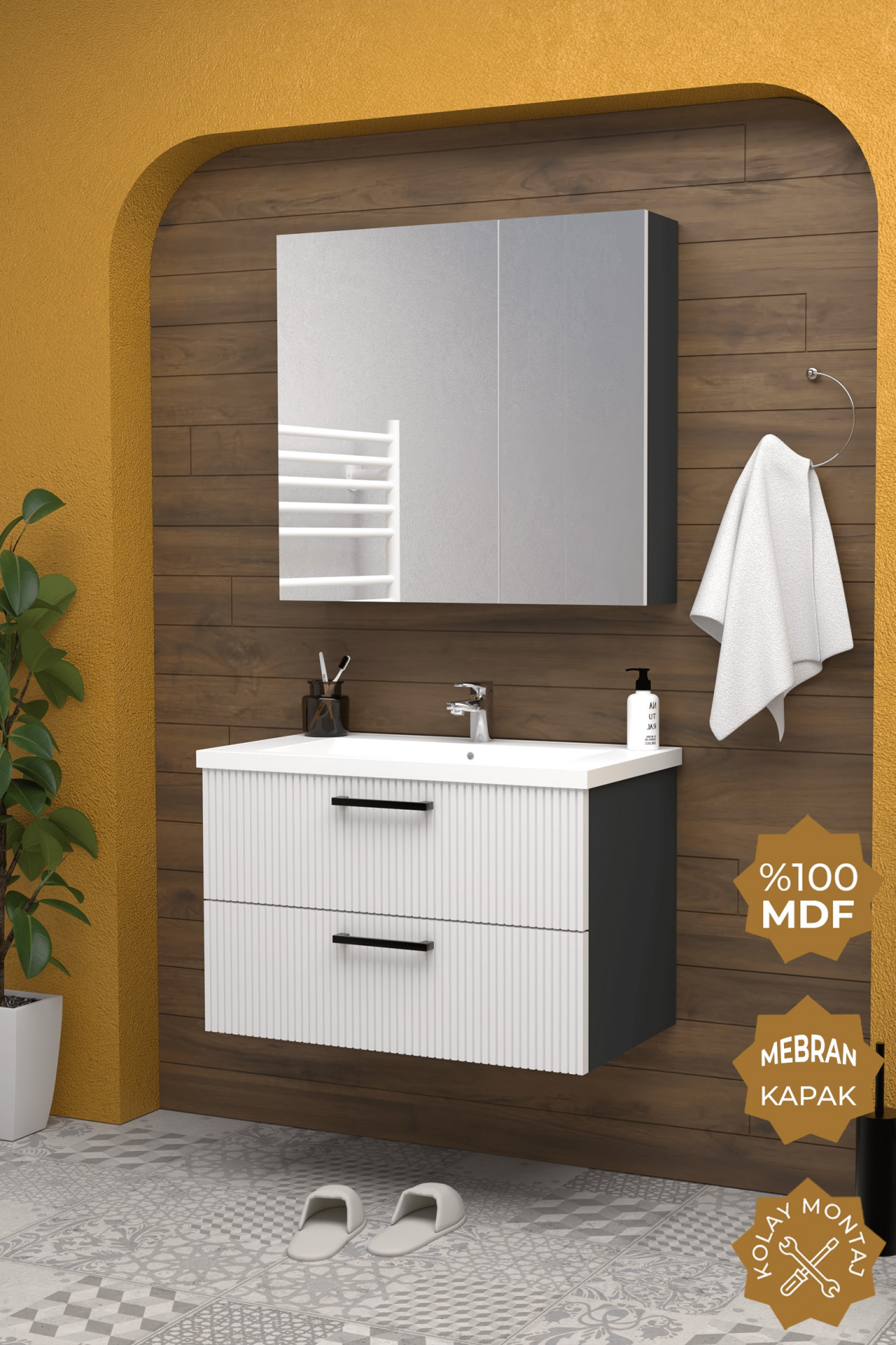 Teta Home Havana 80 cm MDF Gövde Membran Kapak Banyo Dolabı Seti Antrasit-Beyaz