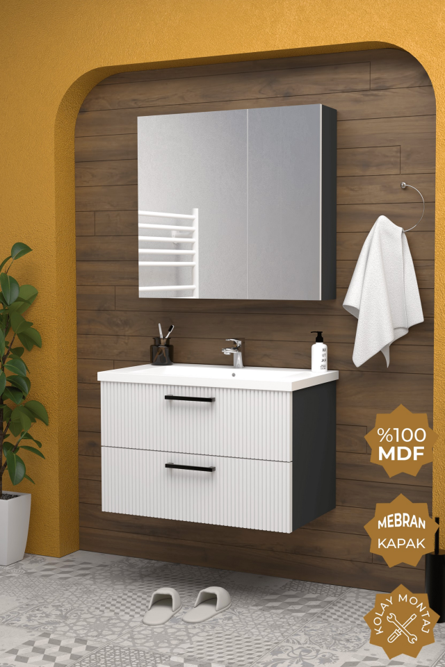 Teta Home Havana 80 cm MDF Gövde Membran Kapak Banyo Dolabı Seti Antrasit-Beyaz