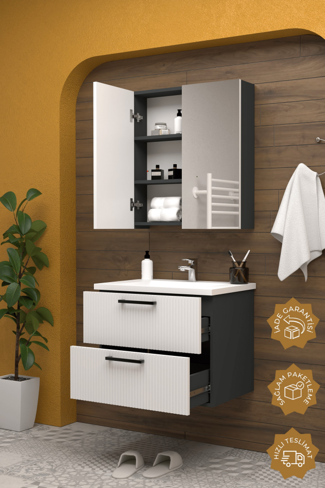 Teta Home Havana 80 cm MDF Gövde Membran Kapak Banyo Dolabı Seti Antrasit-Beyaz