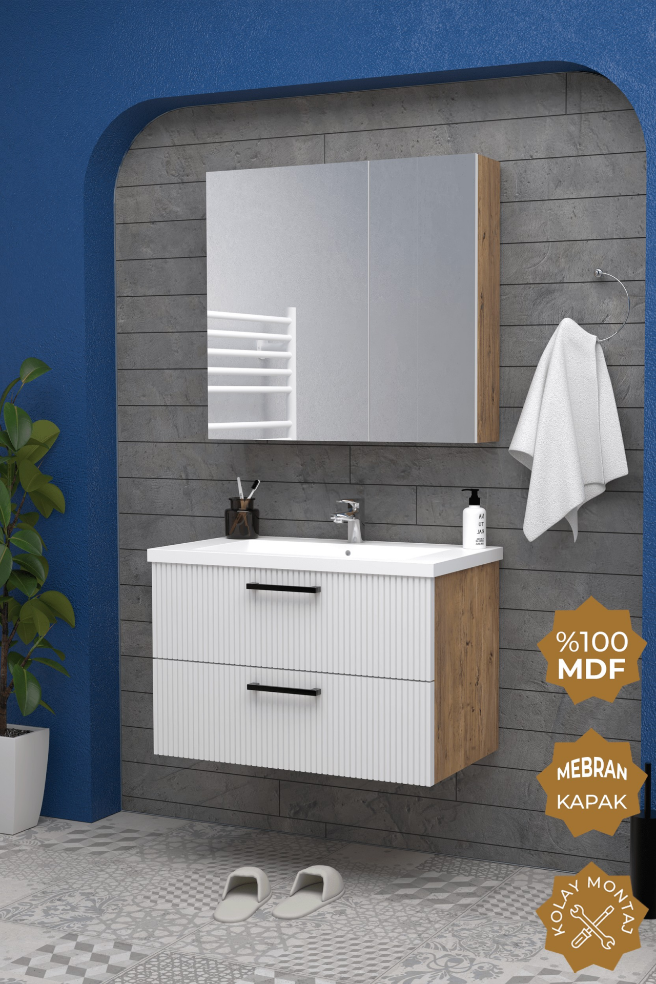 Teta Home Havana 80 cm MDF Gövde Membran Kapak Banyo Dolabı Seti Atlantik Çam-Beyaz