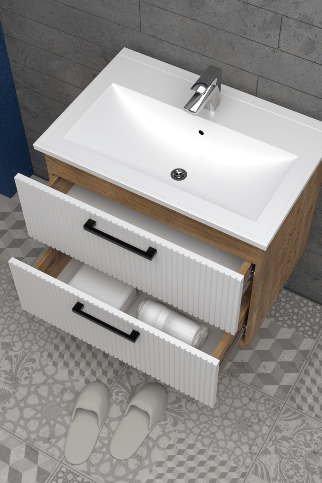 Teta Home Havana 80 cm MDF Gövde Membran Kapak Banyo Dolabı Seti Atlantik Çam-Beyaz