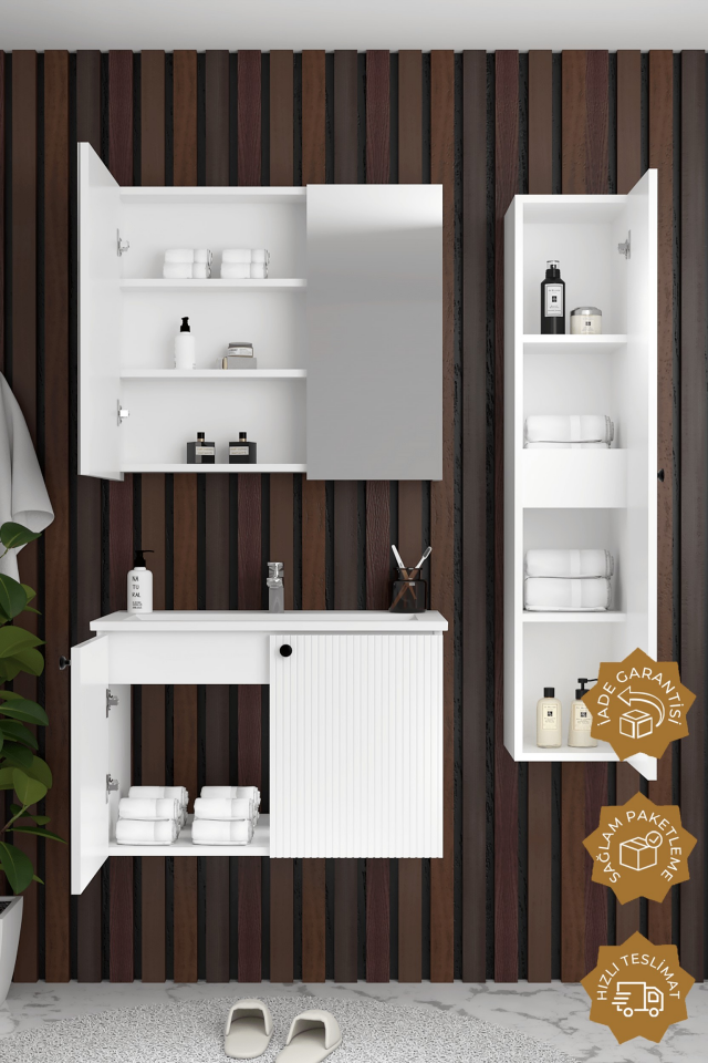 Teta Home Torino 65 cm MDF Gövde Membran Kapak Banyo Dolabı Seti + Boy Dolabı Beyaz