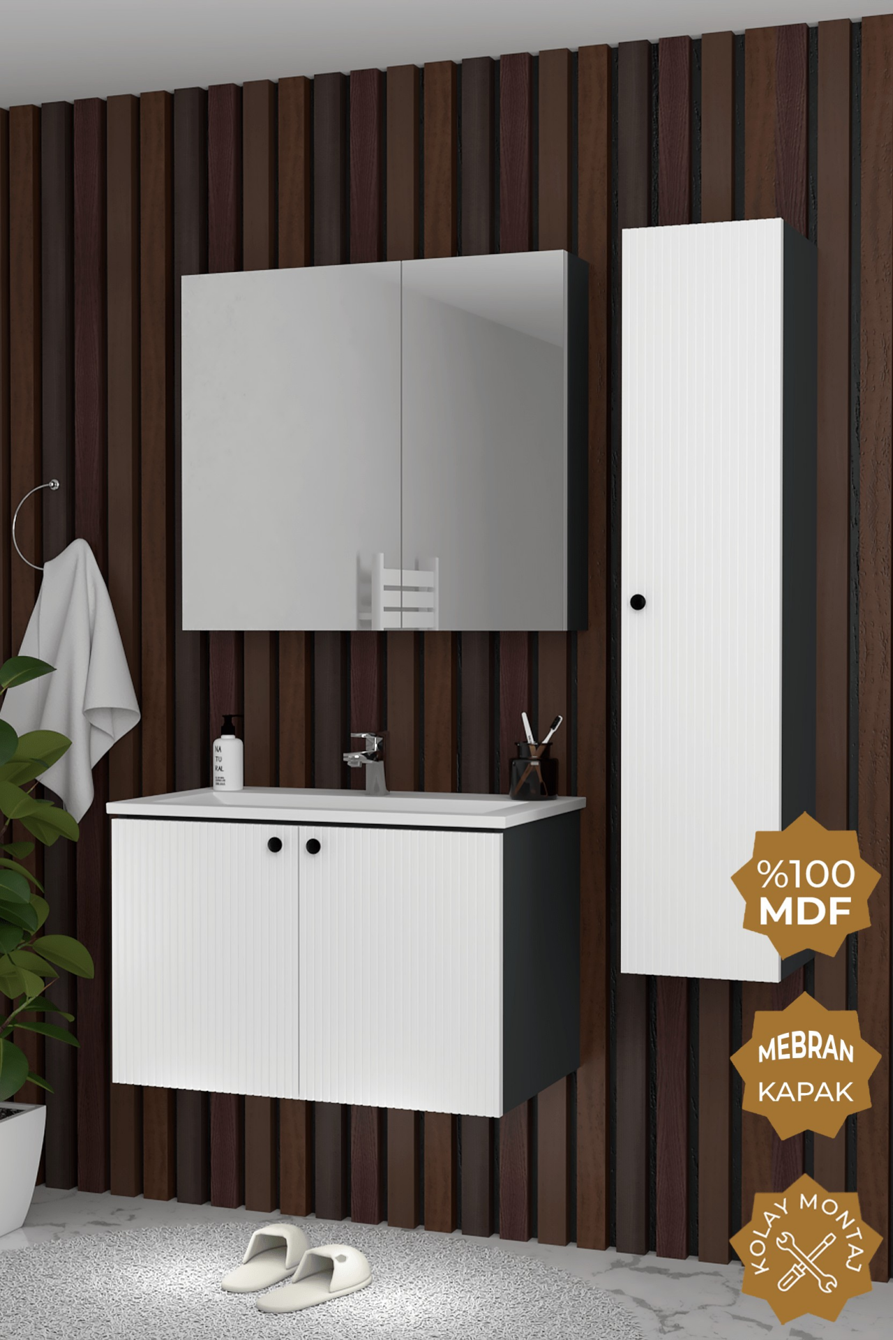 Teta Home Torino 65 cm MDF Gövde Membran Kapak Banyo Dolabı Seti + Boy Dolabı Antrasit-Beyaz