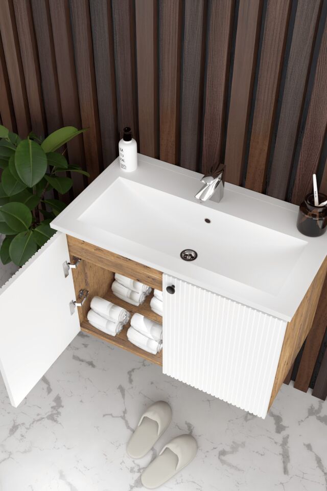 Teta Home Torino 65 cm MDF Gövde Membran Kapak Banyo Dolabı Seti + Boy Dolabı Atlantik Çam- Beyaz