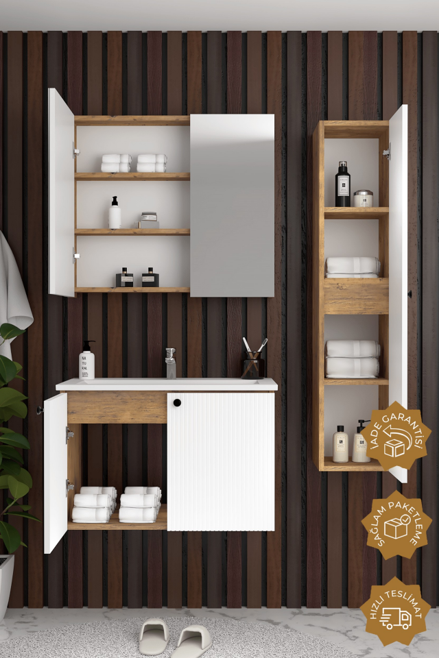 Teta Home Torino 65 cm MDF Gövde Membran Kapak Banyo Dolabı Seti + Boy Dolabı Atlantik Çam- Beyaz