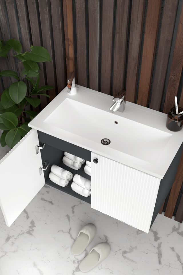 Teta Home Torino 80 cm MDF Gövde Membran Kapak Banyo Dolabı Seti + Boy Dolabı