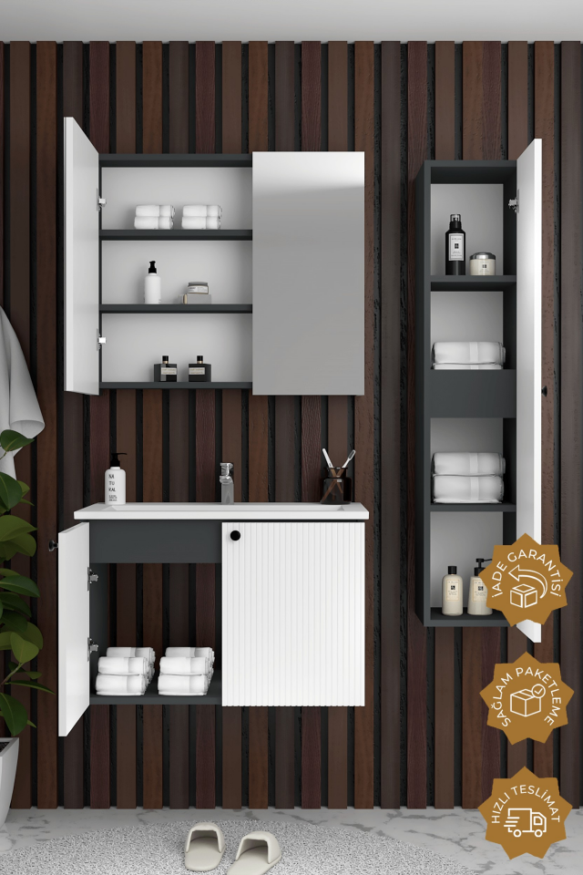 Teta Home Torino 80 cm MDF Gövde Membran Kapak Banyo Dolabı Seti + Boy Dolabı