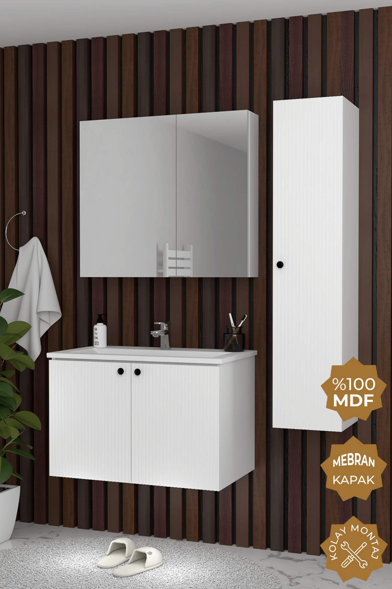 Teta Home Torino 80 cm MDF Gövde Membran Kapak Banyo Dolabı Seti + Boy Dolabı Beyaz