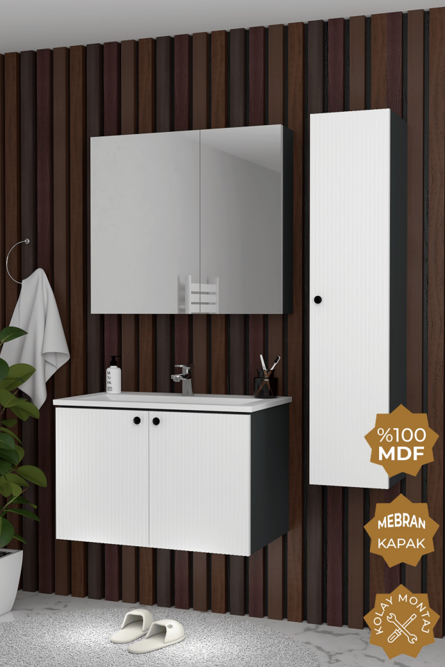 Teta Home Torino 80 cm MDF Gövde Membran Kapak Banyo Dolabı Seti + Boy Dolabı Antrasit-Beyaz