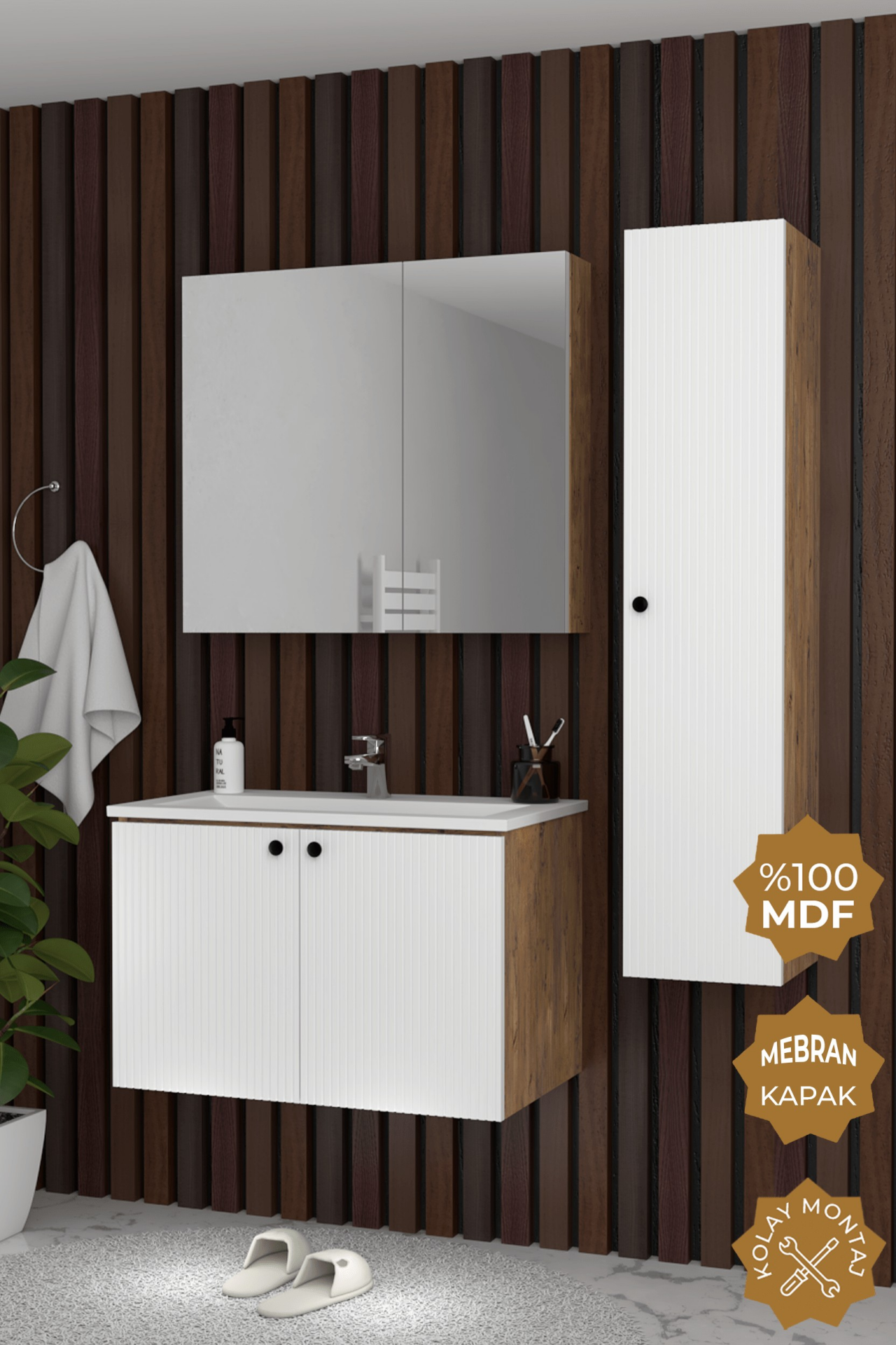 Teta Home Torino 80 cm MDF Gövde Membran Kapak Banyo Dolabı Seti + Boy Dolabı Atlantik Çam- Beyaz