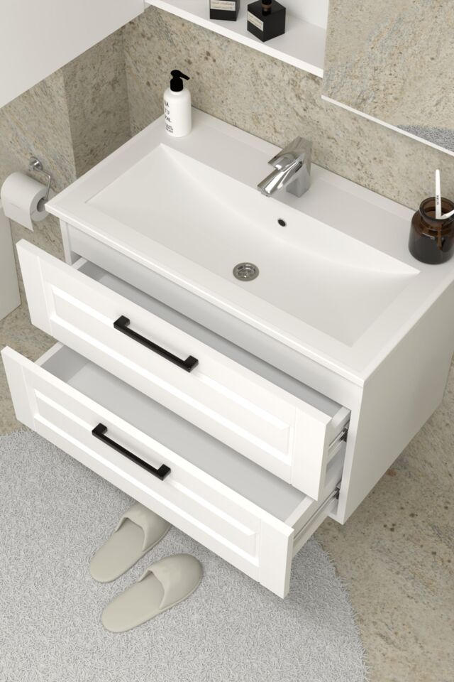 Teta Home Savora 80 cm MDF Gövde Membran Kapak Banyo Dolabı Seti + Boy Dolabı Beyaz
