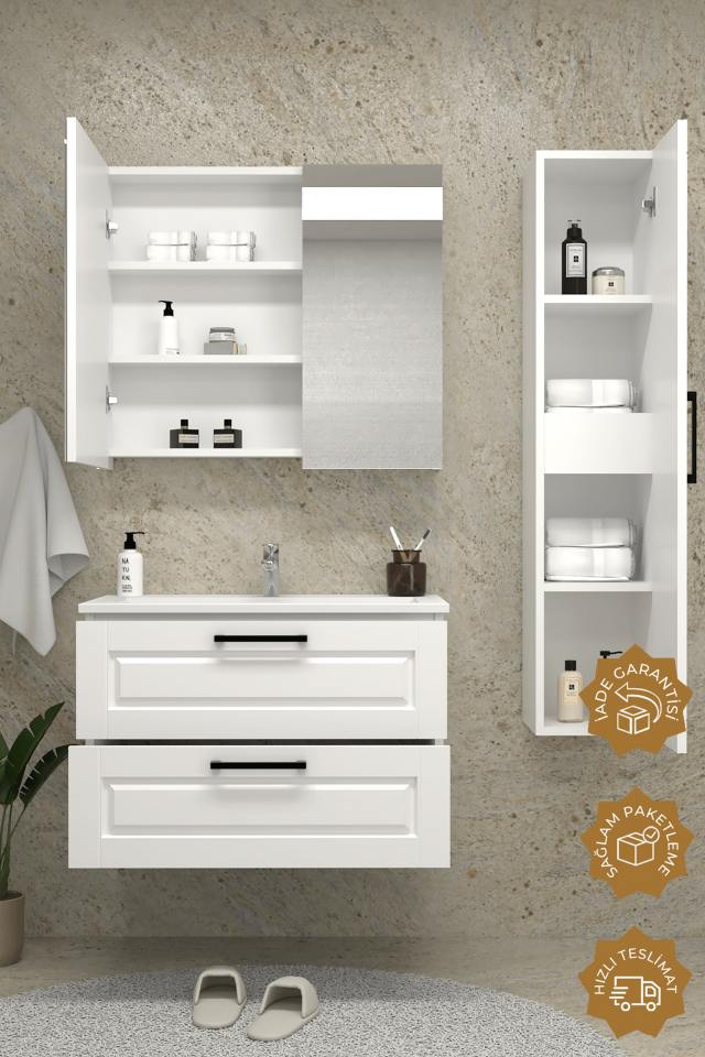 Teta Home Savora 80 cm MDF Gövde Membran Kapak Banyo Dolabı Seti + Boy Dolabı Beyaz