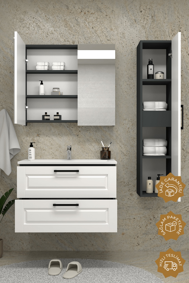 Teta Home Savora 80 cm MDF Gövde Membran Kapak Banyo Dolabı Seti + Boy Dolabı Antrasit-Beyaz