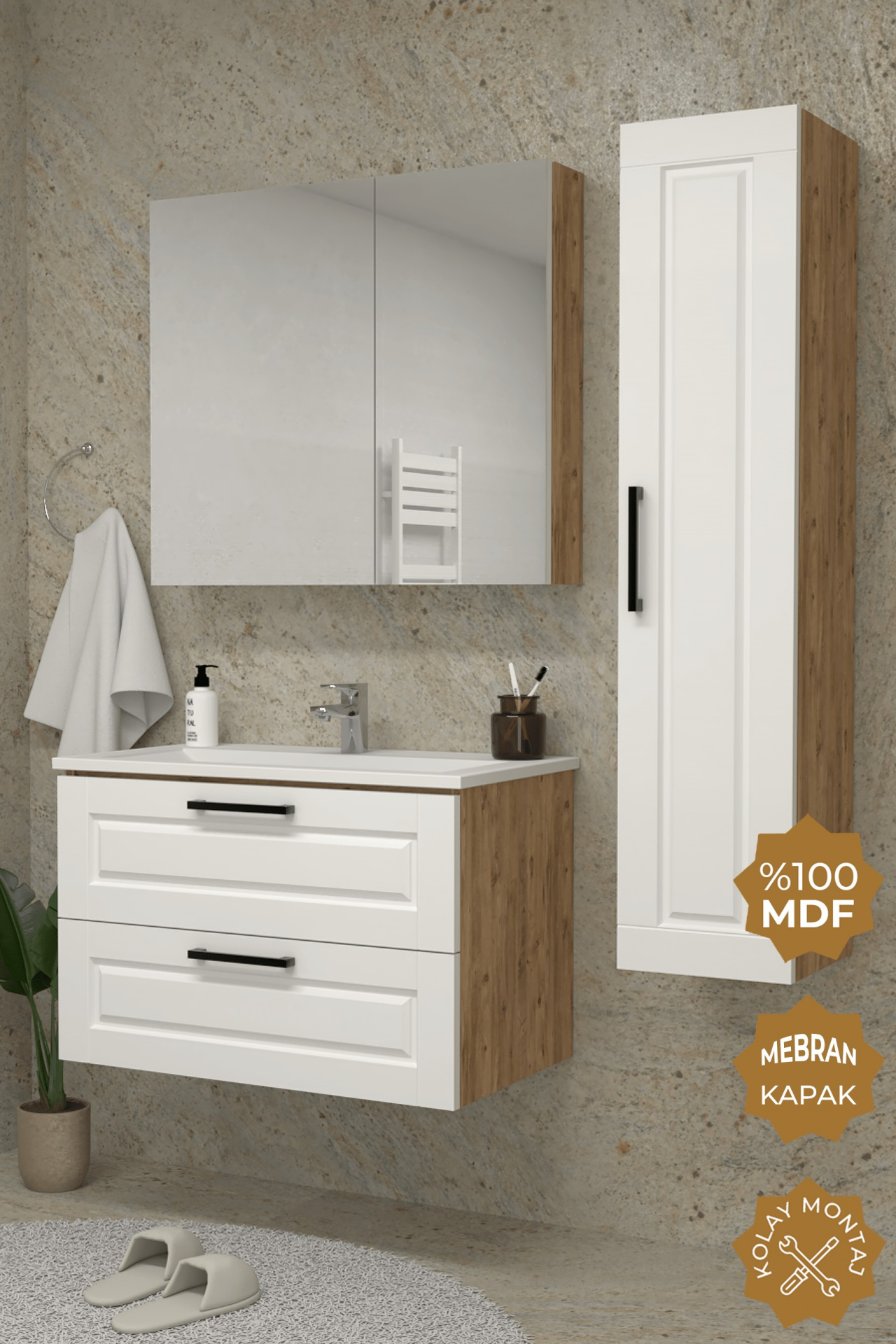 Teta Home Savora 80 cm MDF Gövde Membran Kapak Banyo Dolabı Seti + Boy Dolabı Atlantik Çam-Beyaz