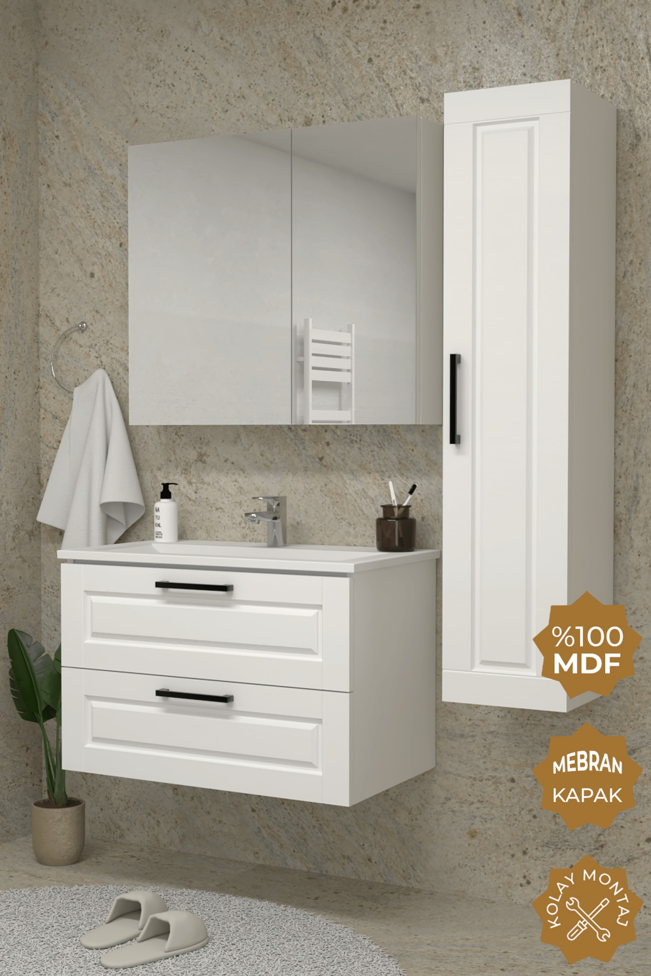 Teta Home Savora 65 cm MDF Gövde Membran Kapak Banyo Dolabı Seti + Boy Dolabı Beyaz