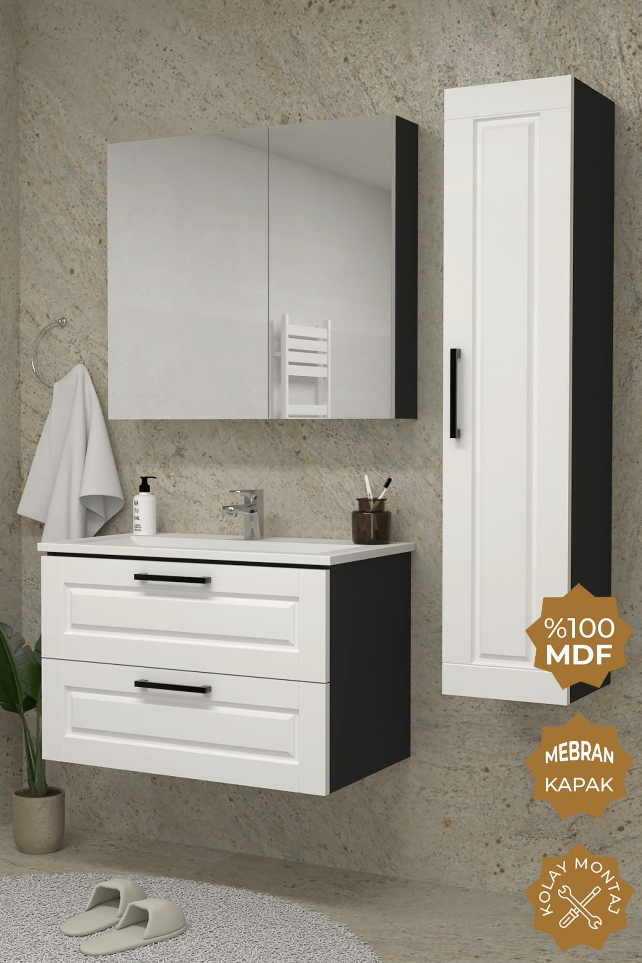 Teta Home Savora 65 cm MDF Gövde Membran Kapak Banyo Dolabı Seti + Boy Dolabı Antrasit-Beyaz