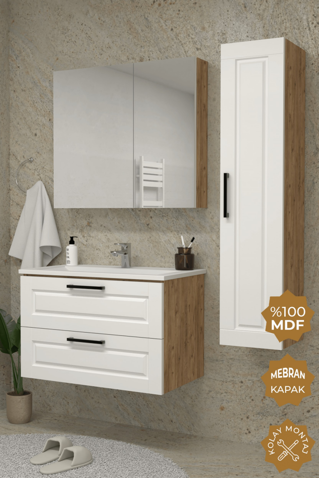 Teta Home Savora 65 cm MDF Gövde Membran Kapak Banyo Dolabı Seti + Boy Dolabı Atlantik Çam-Beyaz