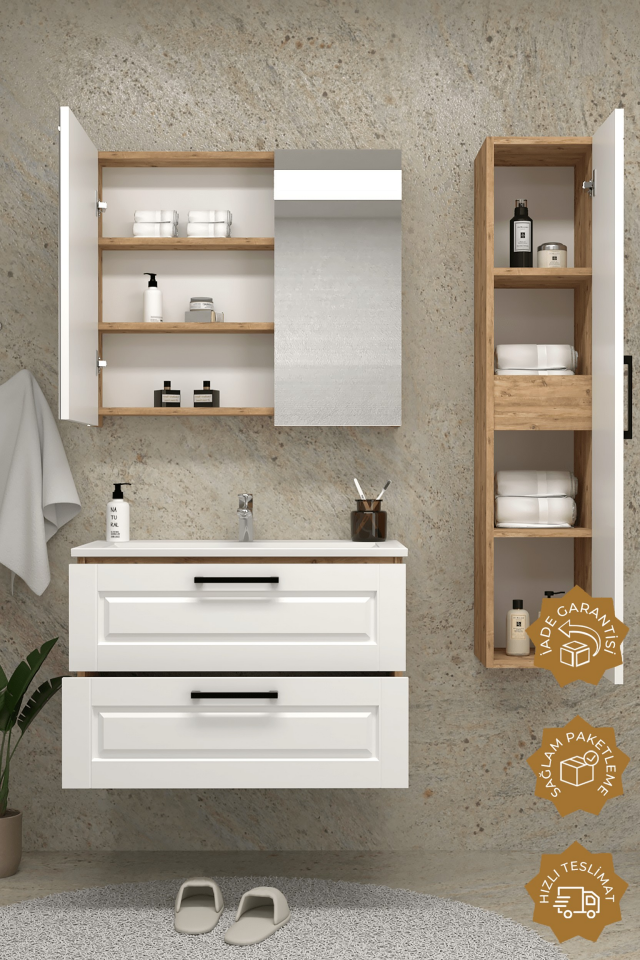 Teta Home Savora 65 cm MDF Gövde Membran Kapak Banyo Dolabı Seti + Boy Dolabı Atlantik Çam-Beyaz