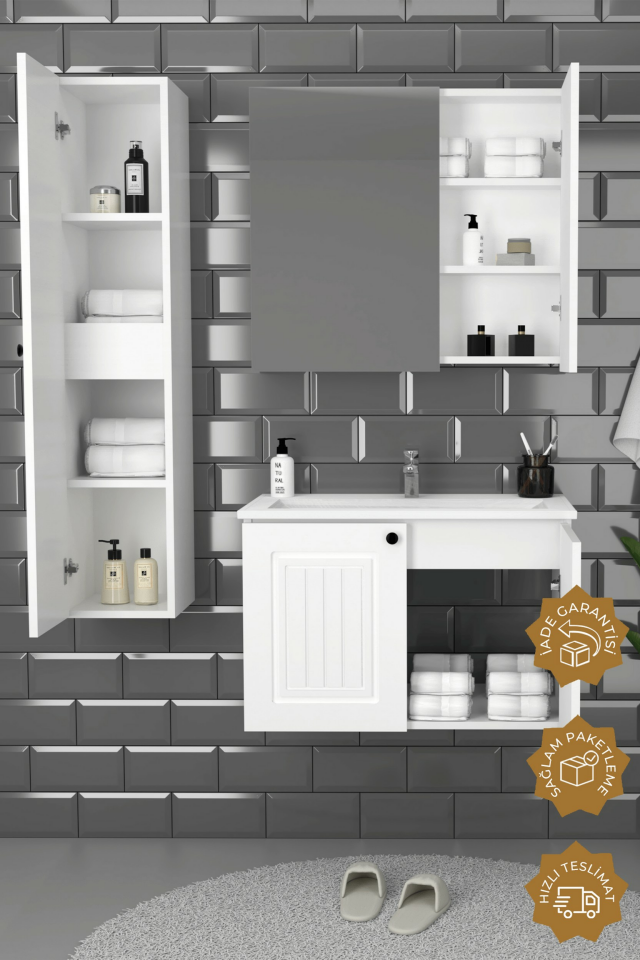 Teta Home Pekin 80 cm MDF Gövde Membran Kapak Banyo Dolabı Seti + Boy Dolabı