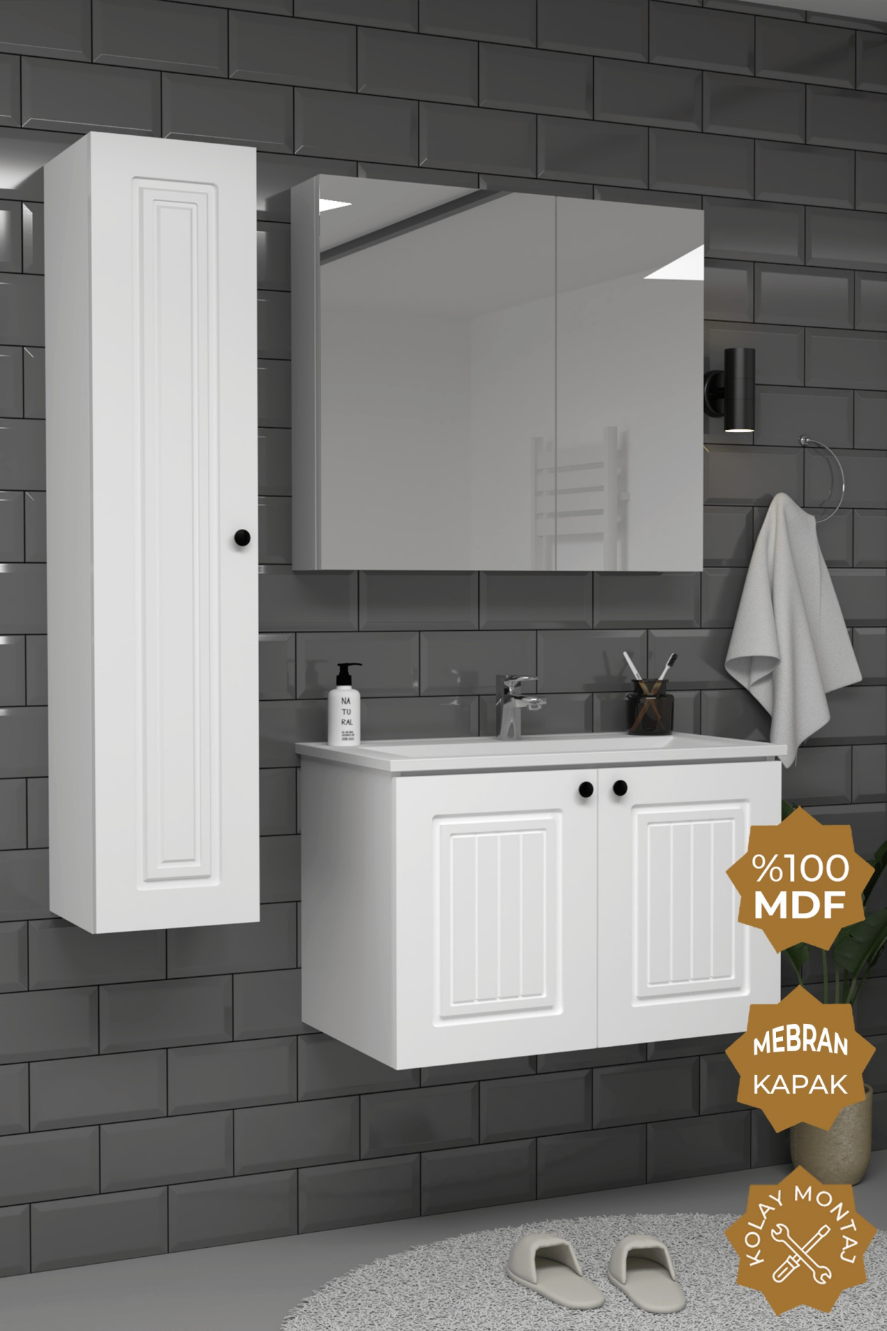 Teta Home Pekin 80 cm MDF Gövde Membran Kapak Banyo Dolabı Seti + Boy Dolabı Beyaz