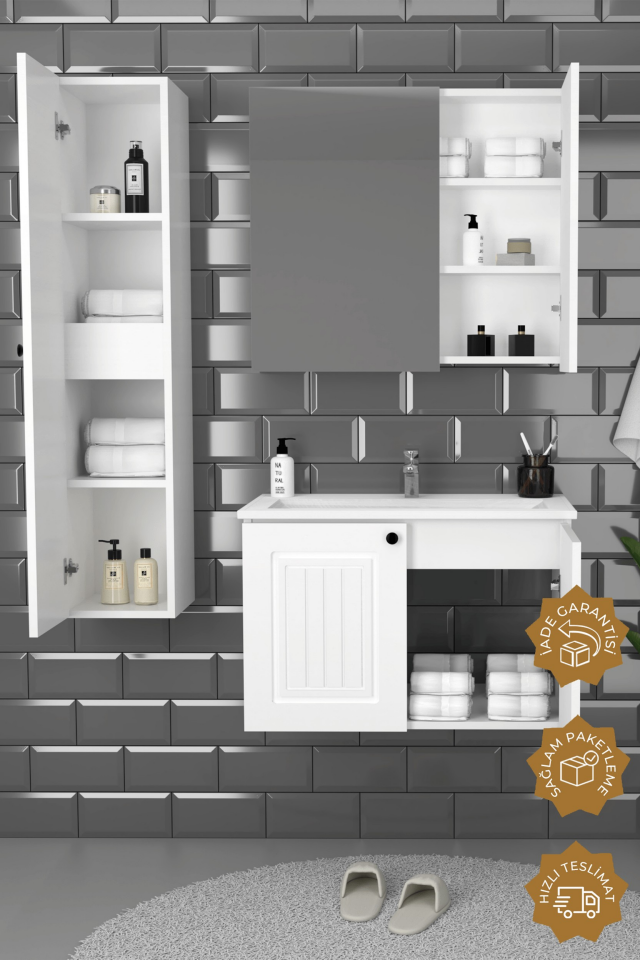 Teta Home Pekin 80 cm MDF Gövde Membran Kapak Banyo Dolabı Seti + Boy Dolabı Beyaz