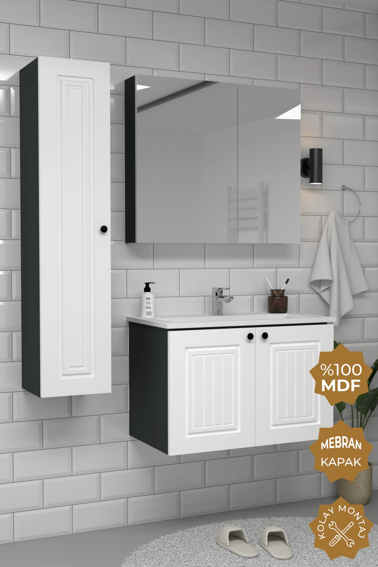 Teta Home Pekin 80 cm MDF Gövde Membran Kapak Banyo Dolabı Seti + Boy Dolabı Antrasit-Beyaz