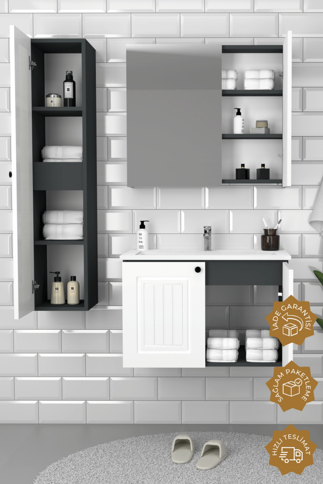 Teta Home Pekin 80 cm MDF Gövde Membran Kapak Banyo Dolabı Seti + Boy Dolabı Antrasit-Beyaz
