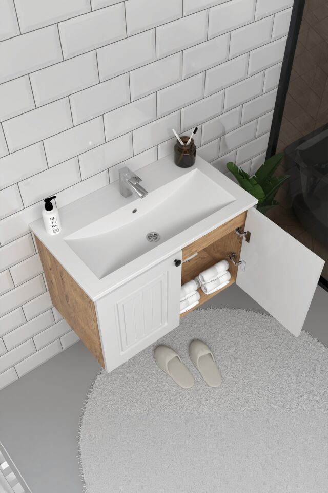 Teta Home Pekin 80 cm MDF Gövde Membran Kapak Banyo Dolabı Seti + Boy Dolabı Atlantik Çam- Beyaz
