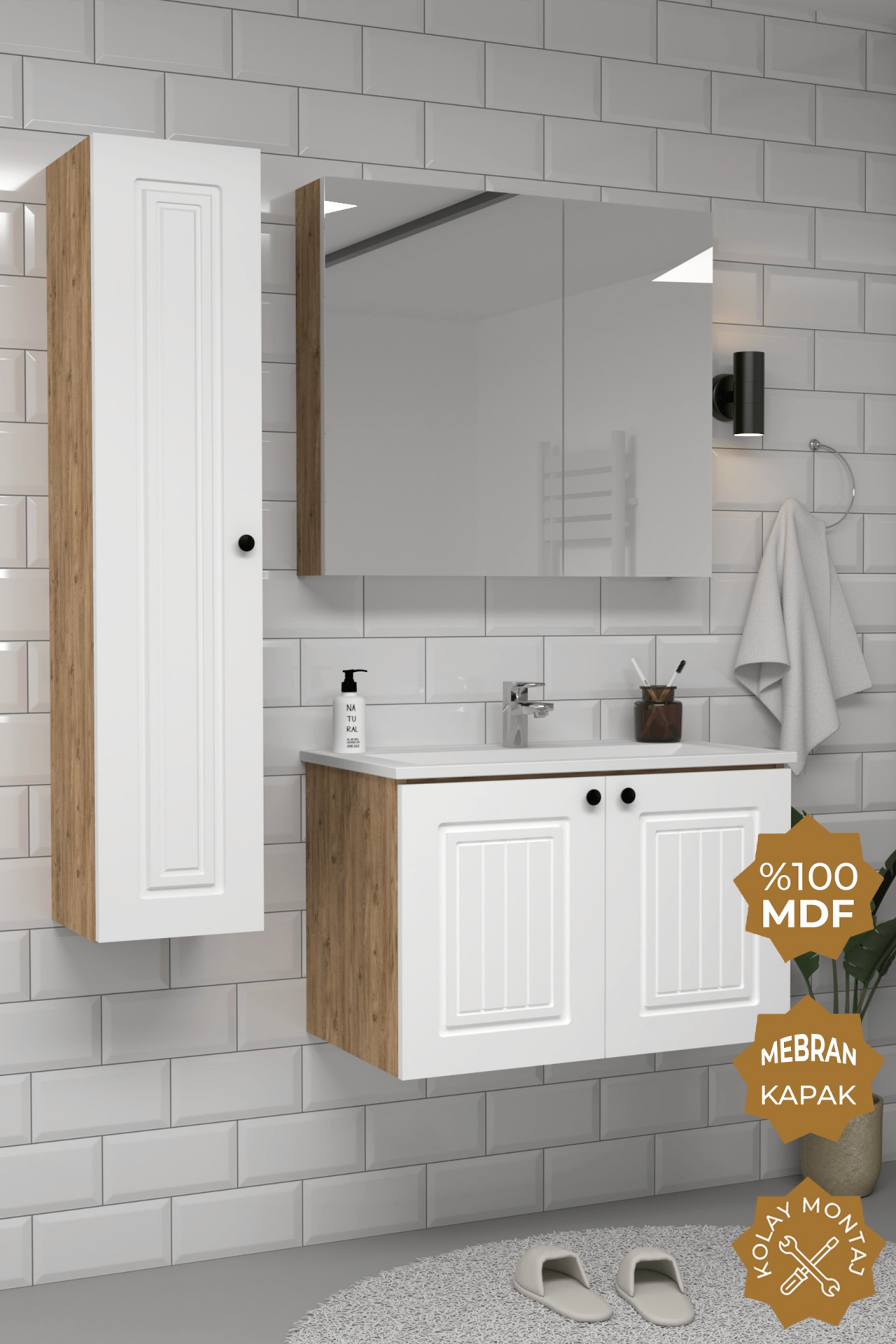 Teta Home Pekin 80 cm MDF Gövde Membran Kapak Banyo Dolabı Seti + Boy Dolabı Atlantik Çam- Beyaz