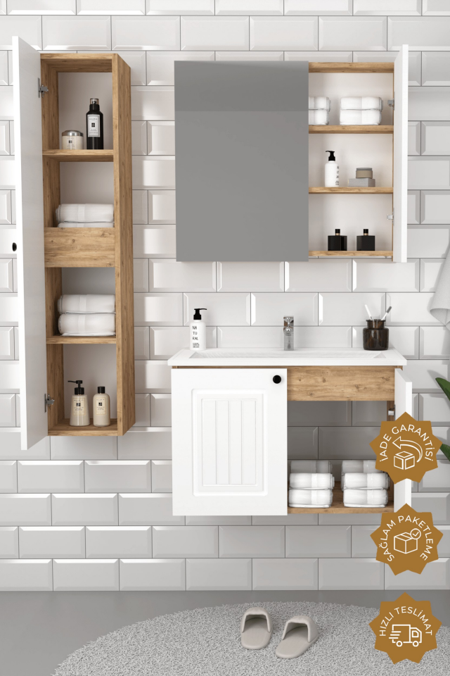 Teta Home Pekin 80 cm MDF Gövde Membran Kapak Banyo Dolabı Seti + Boy Dolabı Atlantik Çam- Beyaz