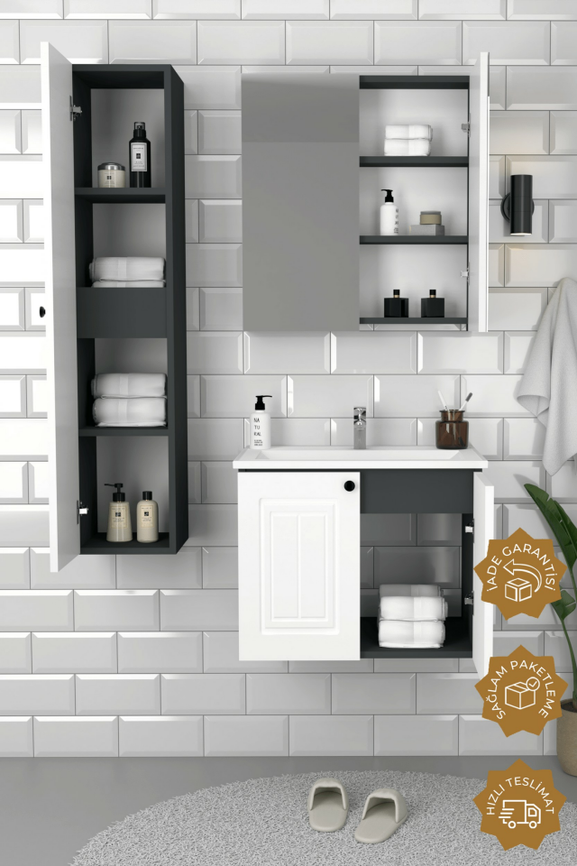 Teta Home Pekin 65 cm MDF Gövde Membran Kapak Banyo Dolabı Seti + Boy Dolabı