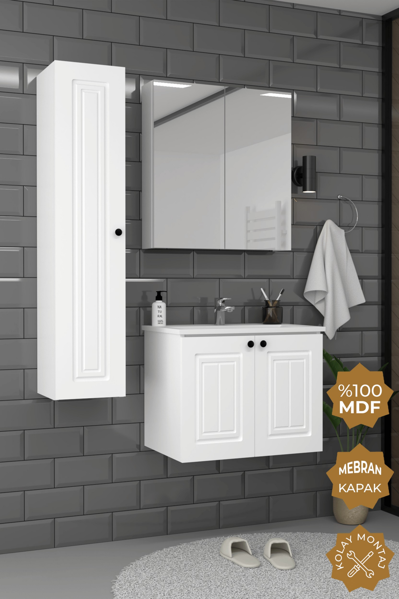 Teta Home Pekin 65 cm MDF Gövde Membran Kapak Banyo Dolabı Seti + Boy Dolabı Beyaz