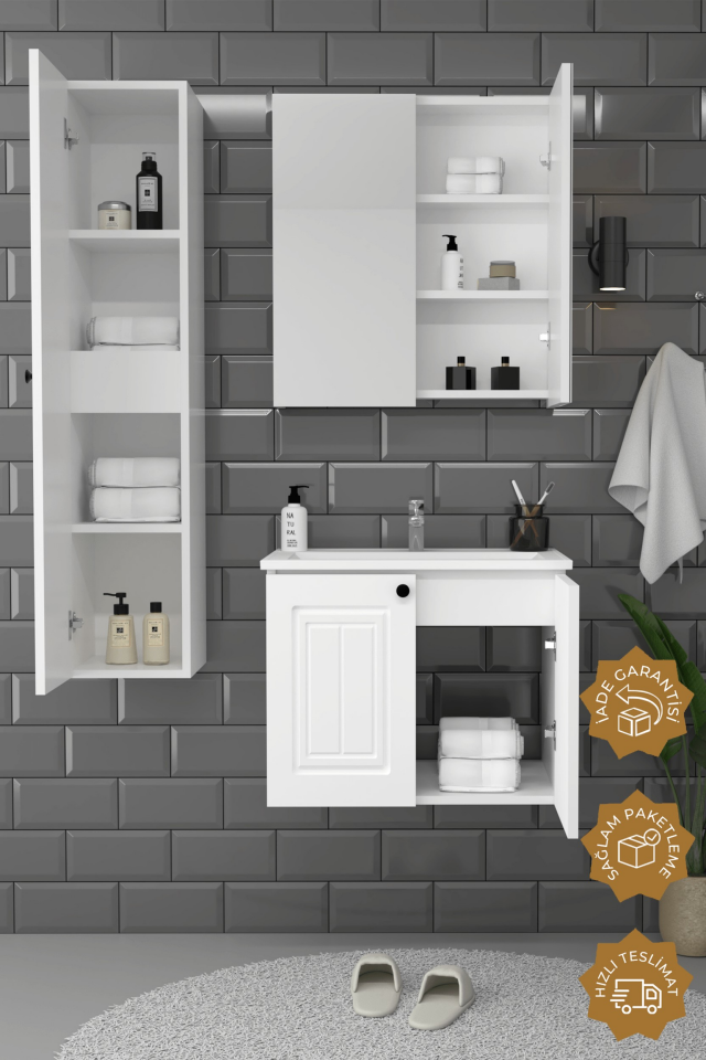 Teta Home Pekin 65 cm MDF Gövde Membran Kapak Banyo Dolabı Seti + Boy Dolabı Beyaz