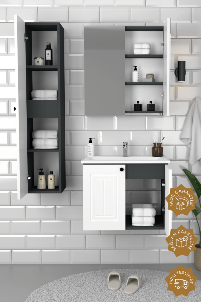 Teta Home Pekin 65 cm MDF Gövde Membran Kapak Banyo Dolabı Seti + Boy Dolabı Antrasit-Beyaz