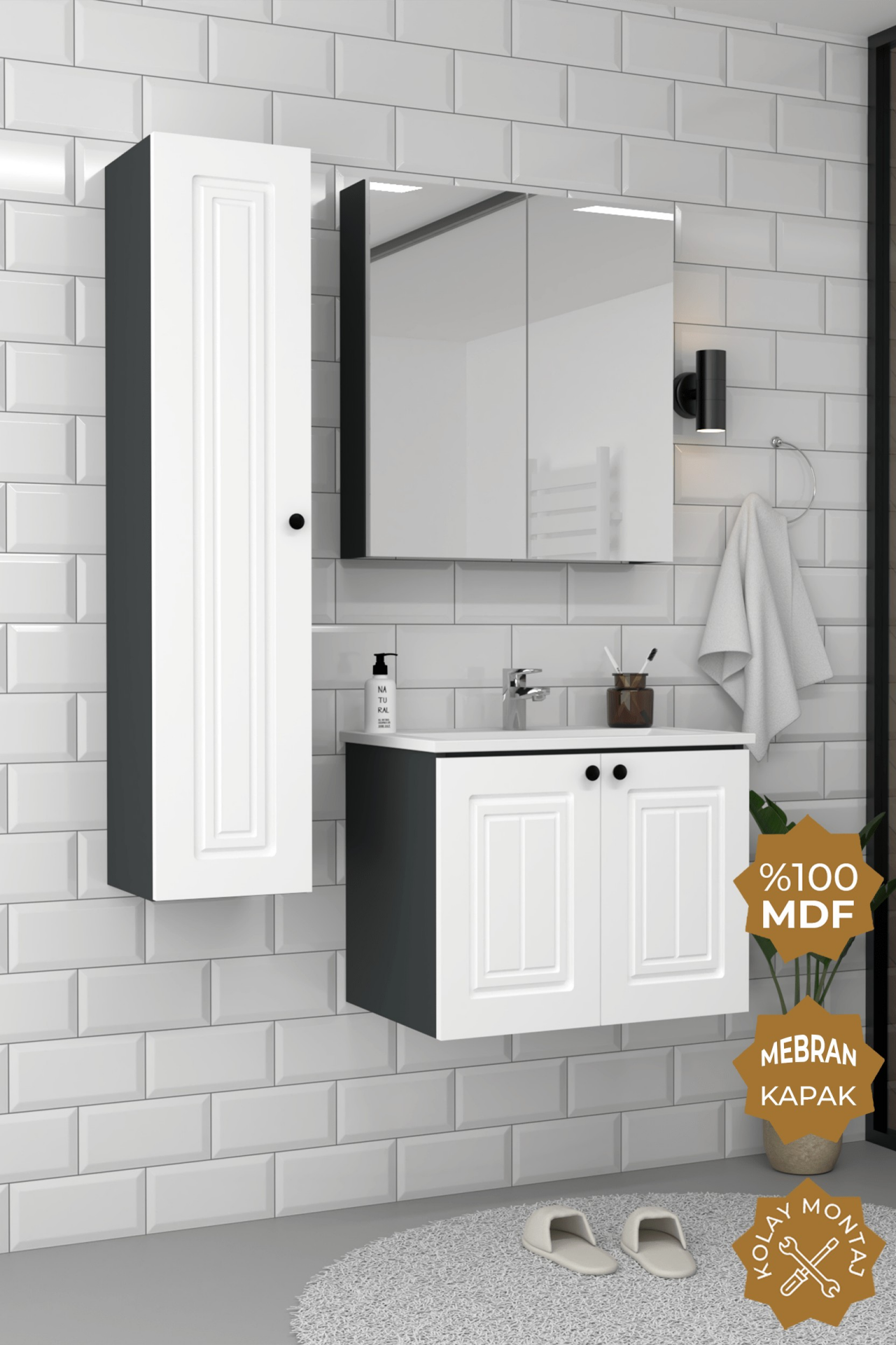 Teta Home Pekin 65 cm MDF Gövde Membran Kapak Banyo Dolabı Seti + Boy Dolabı Antrasit-Beyaz