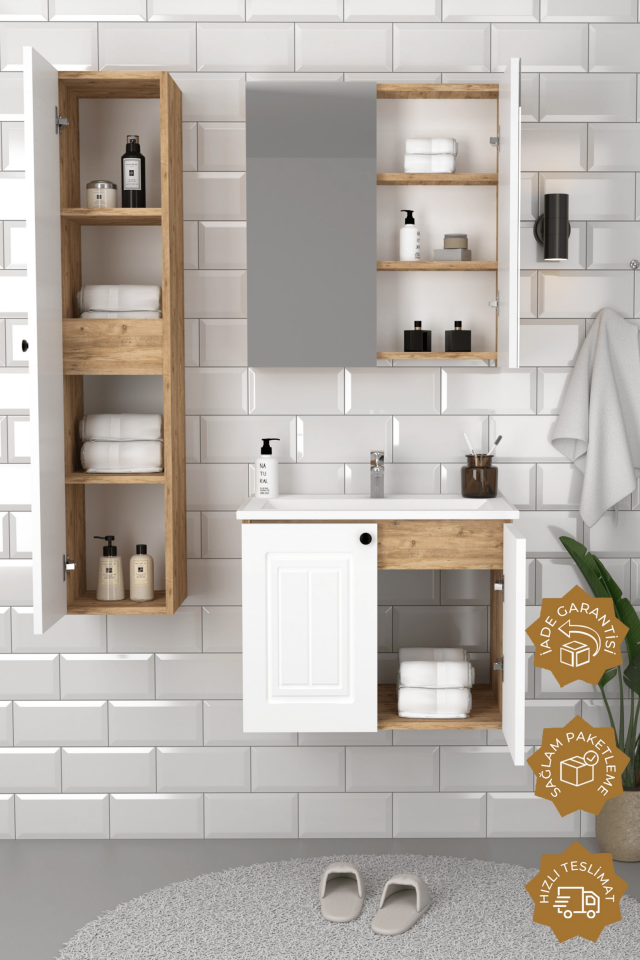 Teta Home Pekin 65 cm MDF Gövde Membran Kapak Banyo Dolabı Seti + Boy Dolabı Atlantik Çam- Beyaz