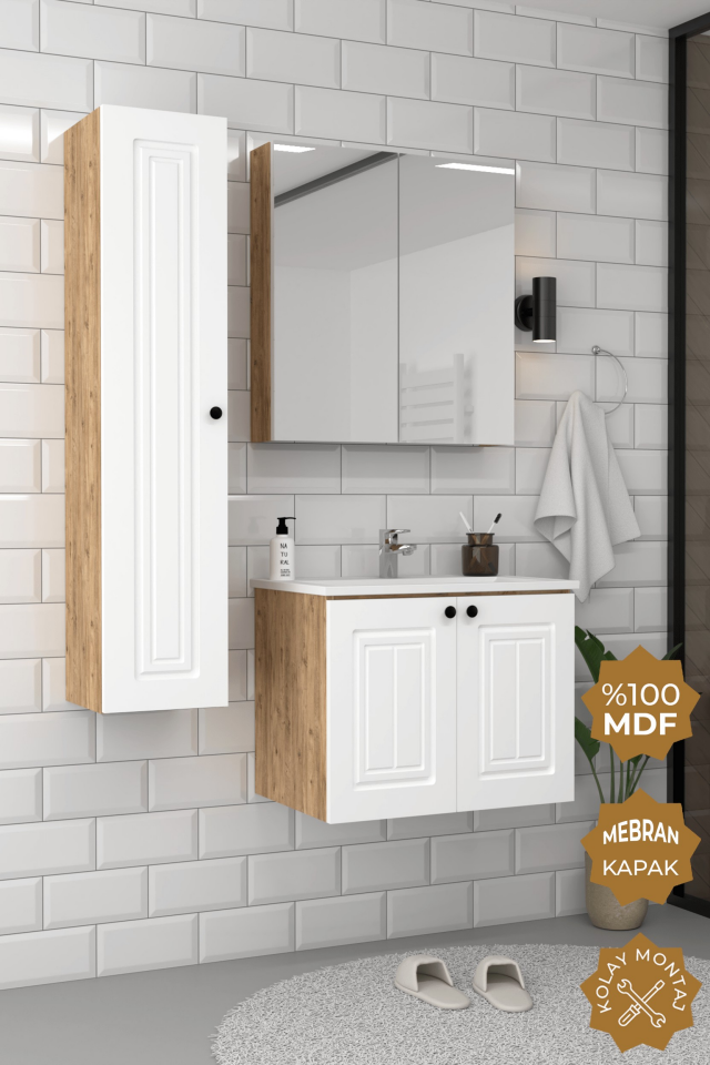 Teta Home Pekin 65 cm MDF Gövde Membran Kapak Banyo Dolabı Seti + Boy Dolabı Atlantik Çam- Beyaz
