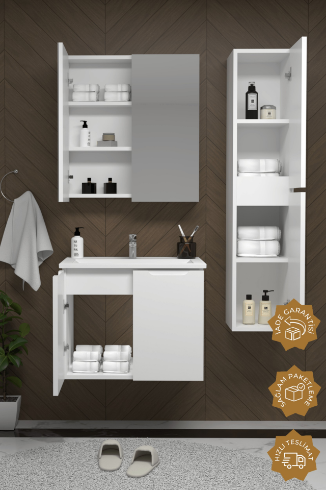 Teta Home Astana 65 cm MDF Gövde Membran Kapak Banyo Dolabı Seti + Boy Dolabı Beyaz