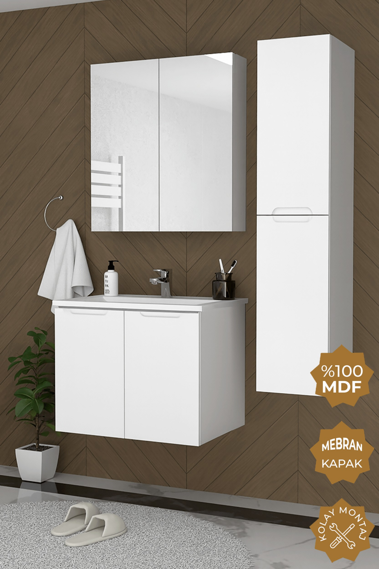 Teta Home Astana 65 cm MDF Gövde Membran Kapak Banyo Dolabı Seti + Boy Dolabı Beyaz
